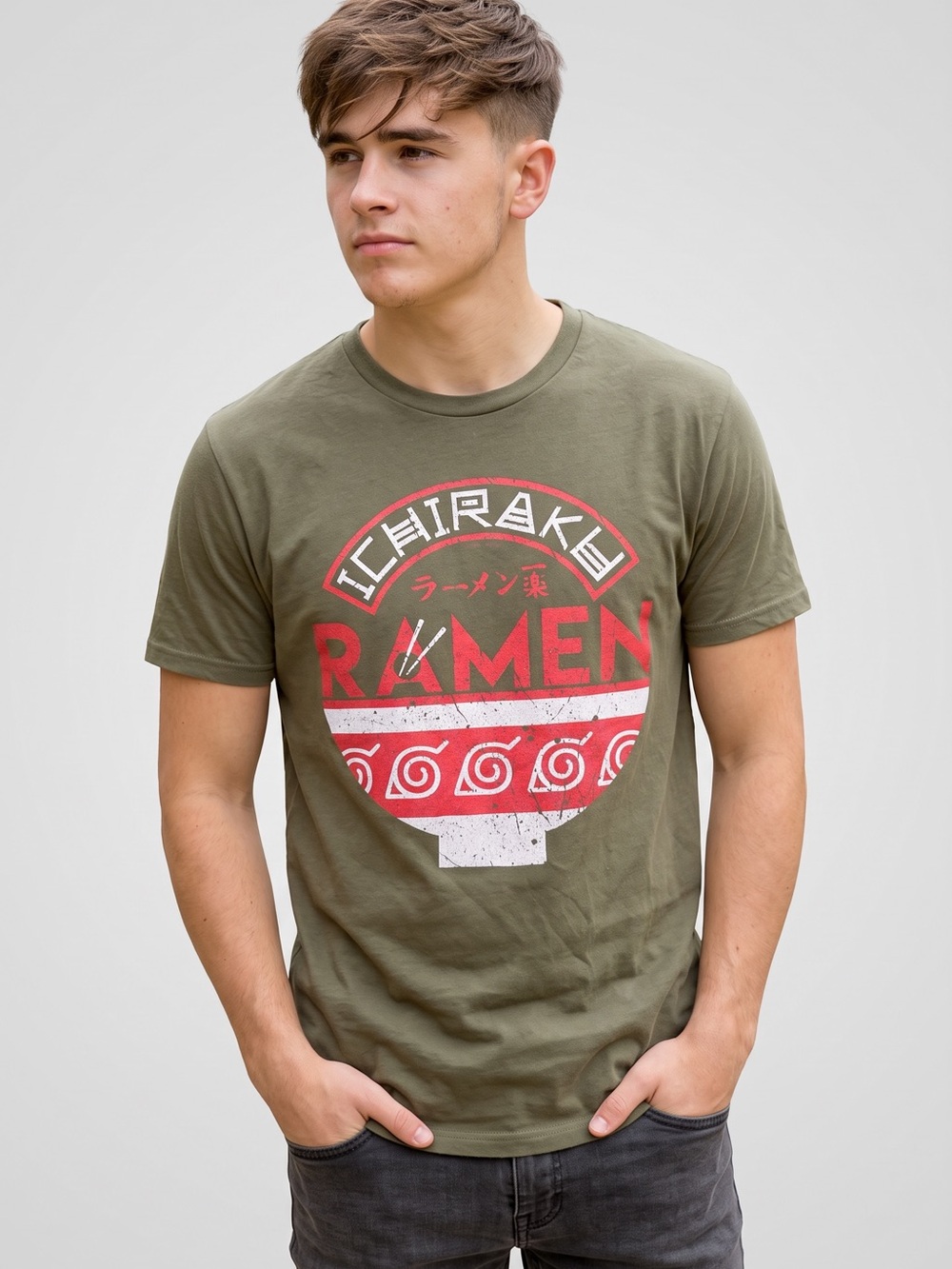 Naruto Ichiraku Ramen T-Shirt Olive Green Short Sleeve Anime Graphic Tee